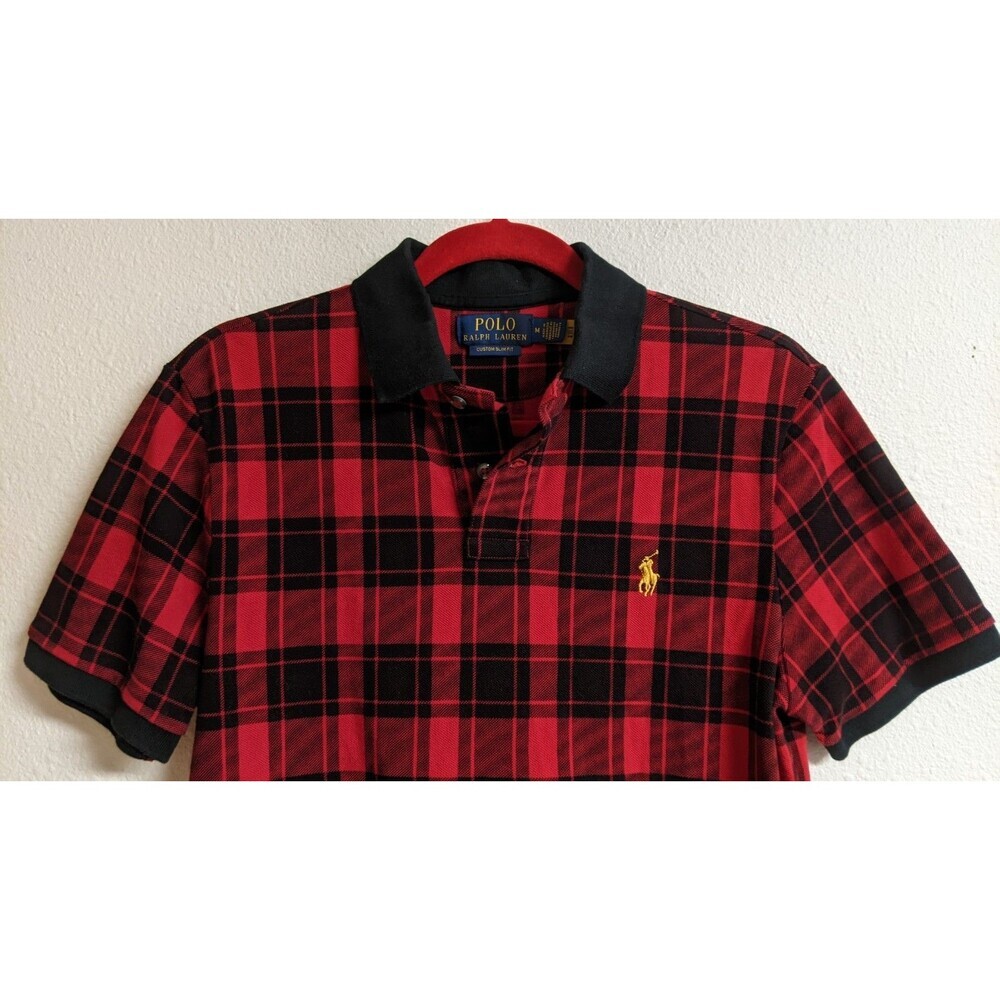 Polo Ralph Lauren Men's Custom Slim Fit Plaid Mesh Polo Shirt Red/Black M - Picture 2 of 8